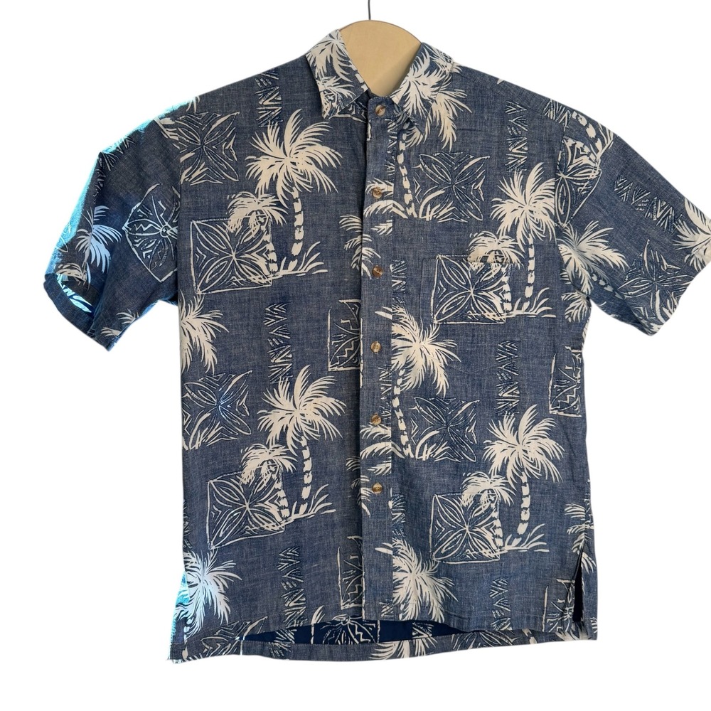 Kalaheo Mens Blue Reverse Print‎ Palm Tree Aloha Shirt Made in Hawaii Medium